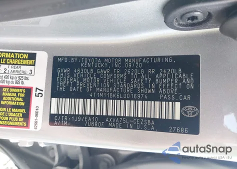 2020 Toyota Camry Se/Se Night Shade z USA, uszkodzony, nr VIN 4T1M11BK6LU016974